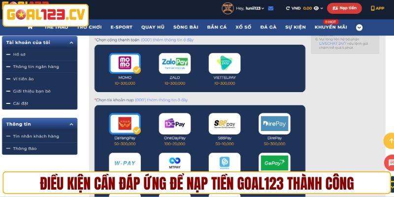 Nạp tiền GOAL123 và các điều kiện cần thiết