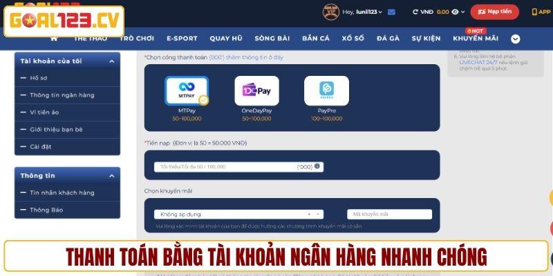 Thanh toán bằng tài khoản ngân hàng nhanh chóng
